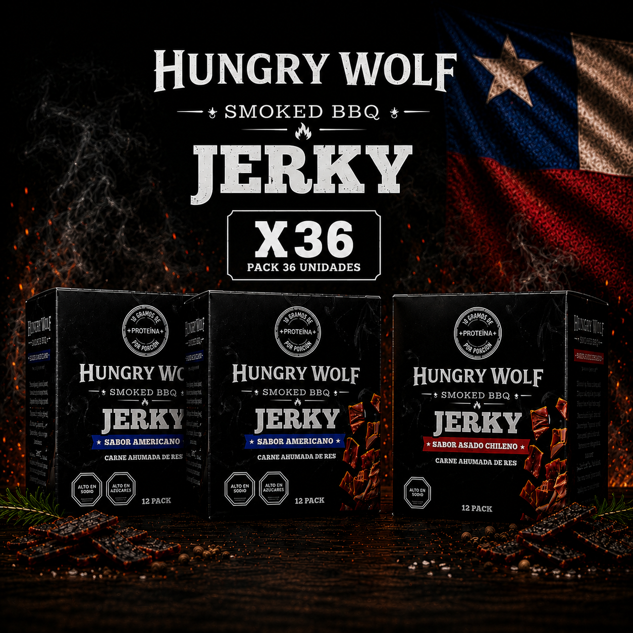 24 pack Jerky Americano + 12 pack Asado Chileno (ENVIO GRATIS)