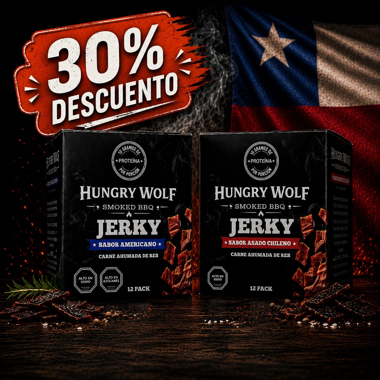 12 pack Jerky americano + 12pack Asado Chileno PROMO CIBER